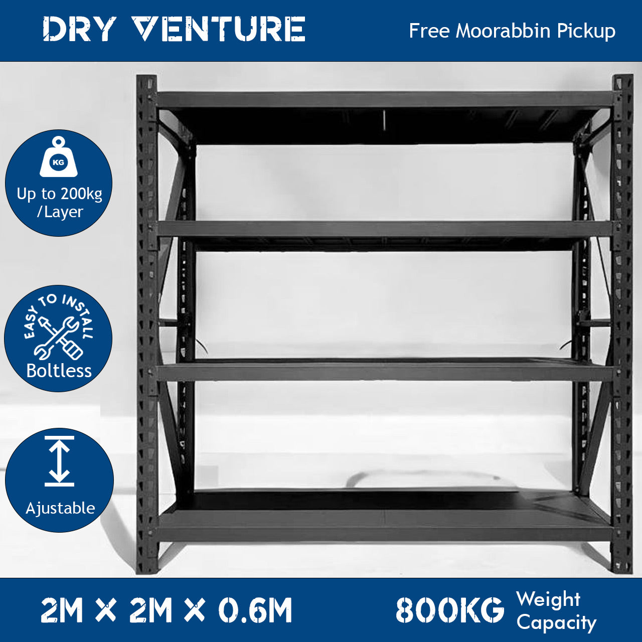 Matt Black Garage Long Span Shelving Units - Boltless Steel Racking Storage Shelves-2000x2000x600/800kg-DRY-Venture