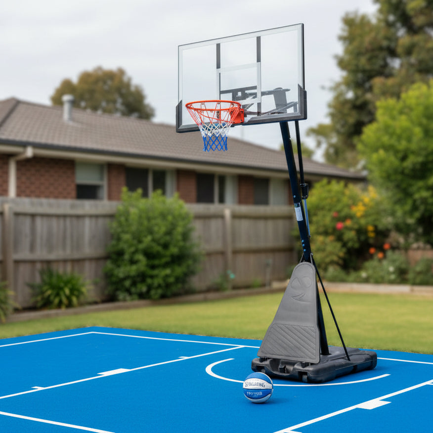 Basketball hoop with clear backboard and orange rim on a white background