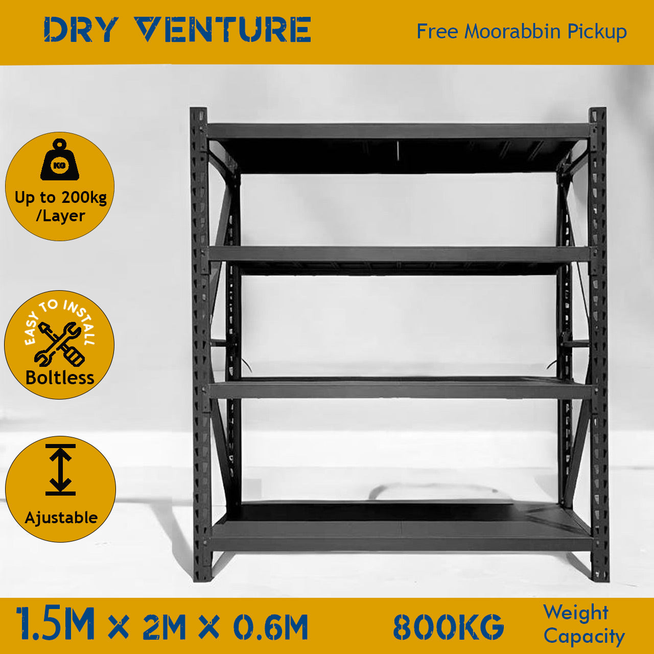 1.5M x 2M x 0.6M Matt Black Garage Industrial Shelving Units - Steel Racking Storage Shelves-800kg-DRY-Venture