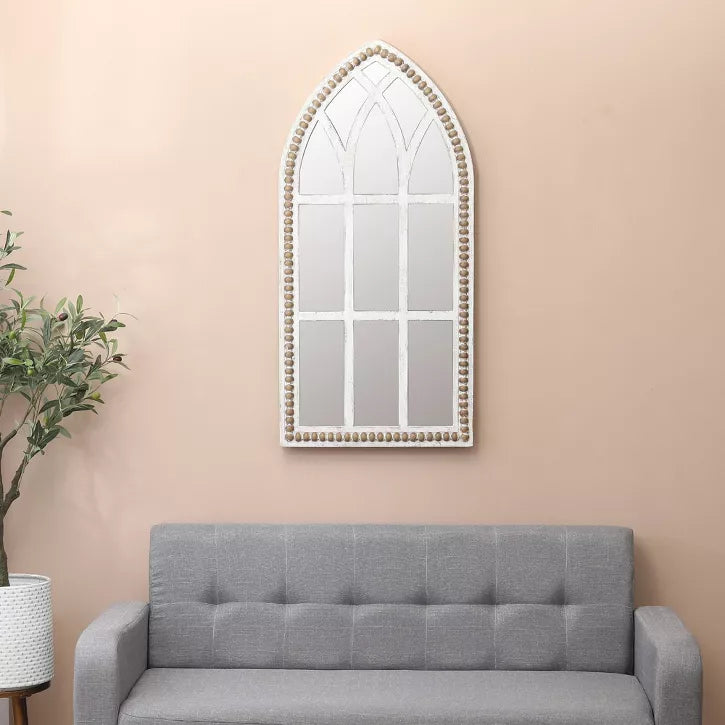 Rustic White and Brown Wood Cathedral Wall Mirror