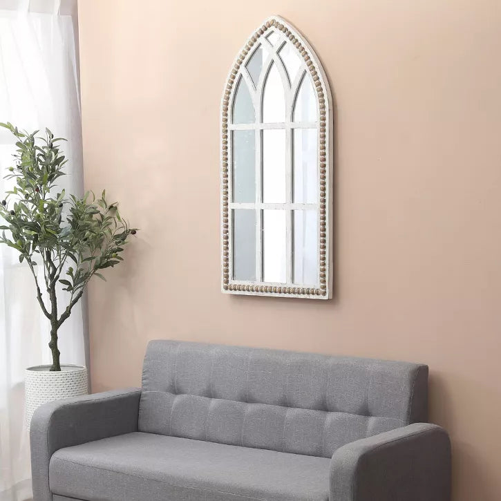 Rustic White and Brown Wood Cathedral Wall Mirror